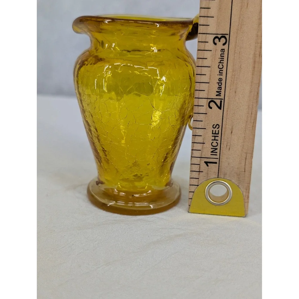 Kanawha Crackle Glass Mini Pitcher Amber Yellow Hand Blown MCM Art Glass 3.25in